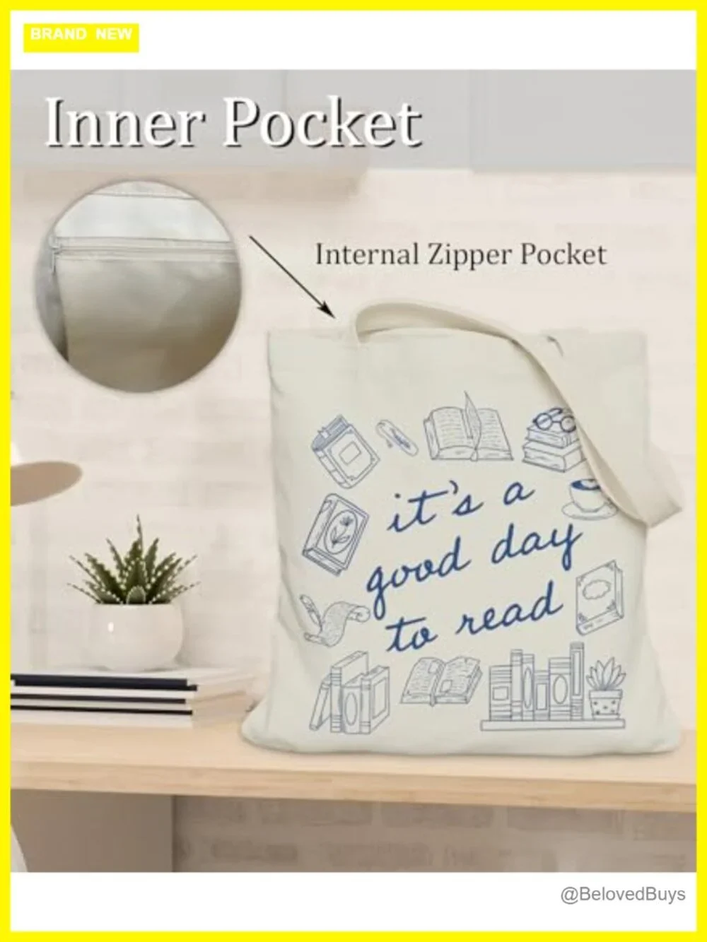 Book Lovers Tote Bag for Readers, Canvas Tote with Inner Pocket, Bookish Gift